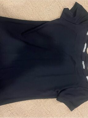 Moschino Black Short Sleeve Mock Neck Tee with Cutout Shoulder Detail
